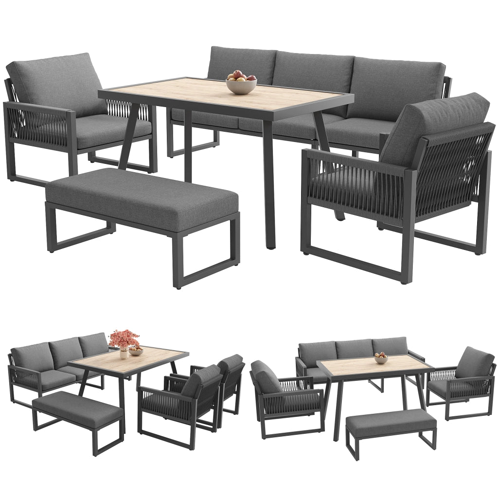Set mobili giardino: Divanooo esterno 6-7 persone; lounge + tavolo pranzo; polyrattan; resistente intemperie