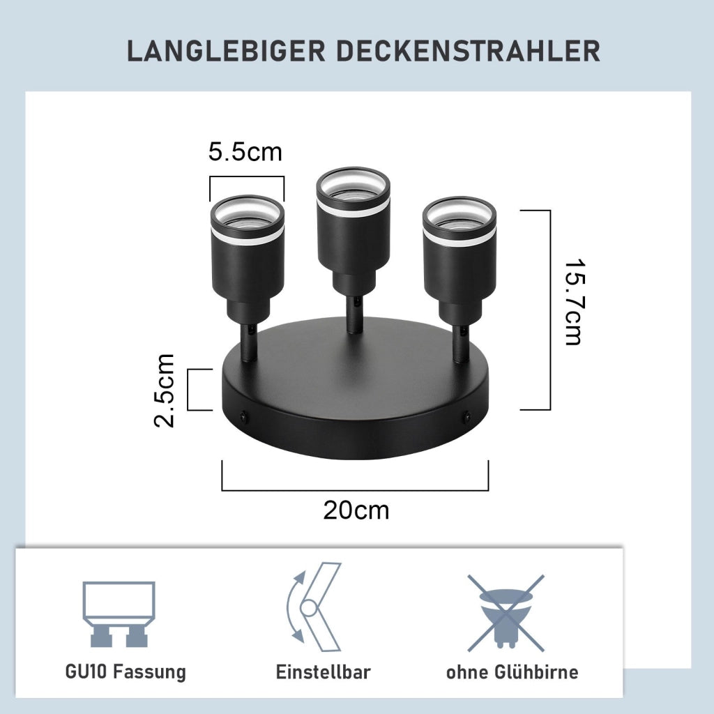 ZMH Faretto da soffitto neri 3 luci GU10 metallo orientabili moderni per camera letto sala pranzo senza lampadina