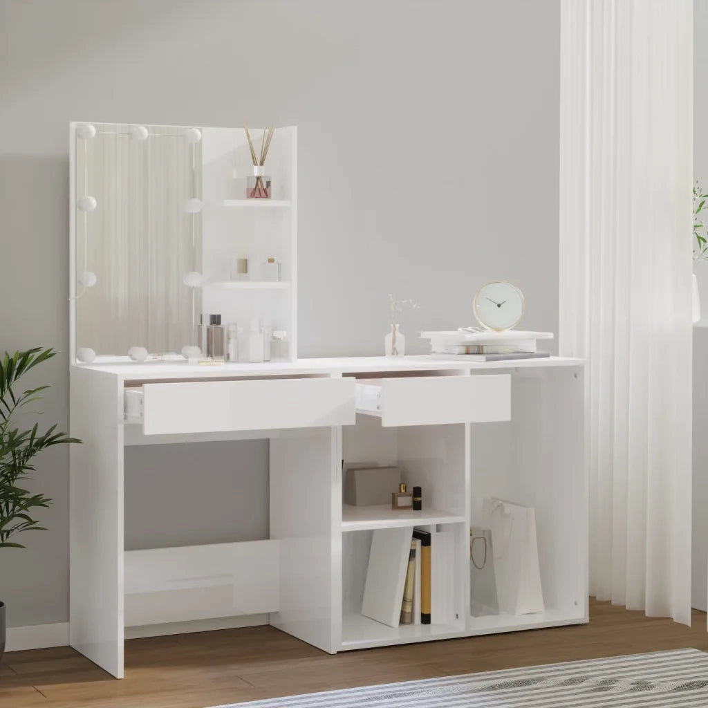 Toeletta | Tavolo da Trucco con LED e Armadietto Bianco in Legno Multistrato