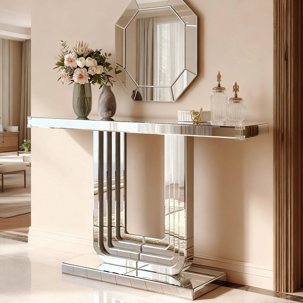 Consolle Moderna ¨C Minimal ¨C 120cm effetto specchio argento, base a U, resistente ai graffi