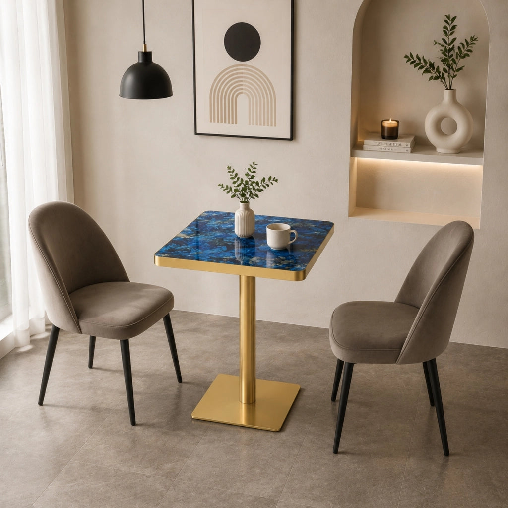 Tavolo da pranzo quadrato in MDF e metallo con piano effetto marmo e bordo dorato, per cucina e bistrot, blu