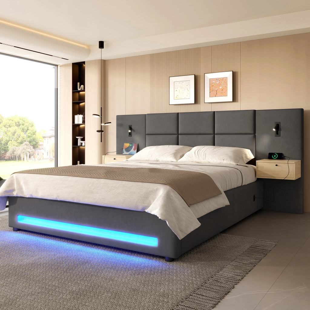 Letto contenitore 180 × 200 cm con cassetti nella testiera, LED, USB Type-C, senza materasso, in velluto, grigio scuro