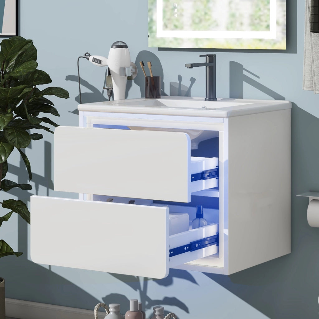 Mobile bagno sospeso 60x46x50 cm bianco con lavabo integrato in ceramica, 2 cassetti, luce LED con sensore radar, struttura in MDF