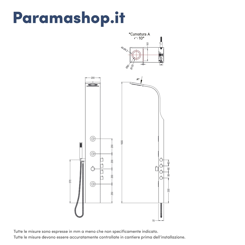 Pannello doccia termostatico con cascata in acciaio cromato, doccino, 4 funzioni |  Saturnia