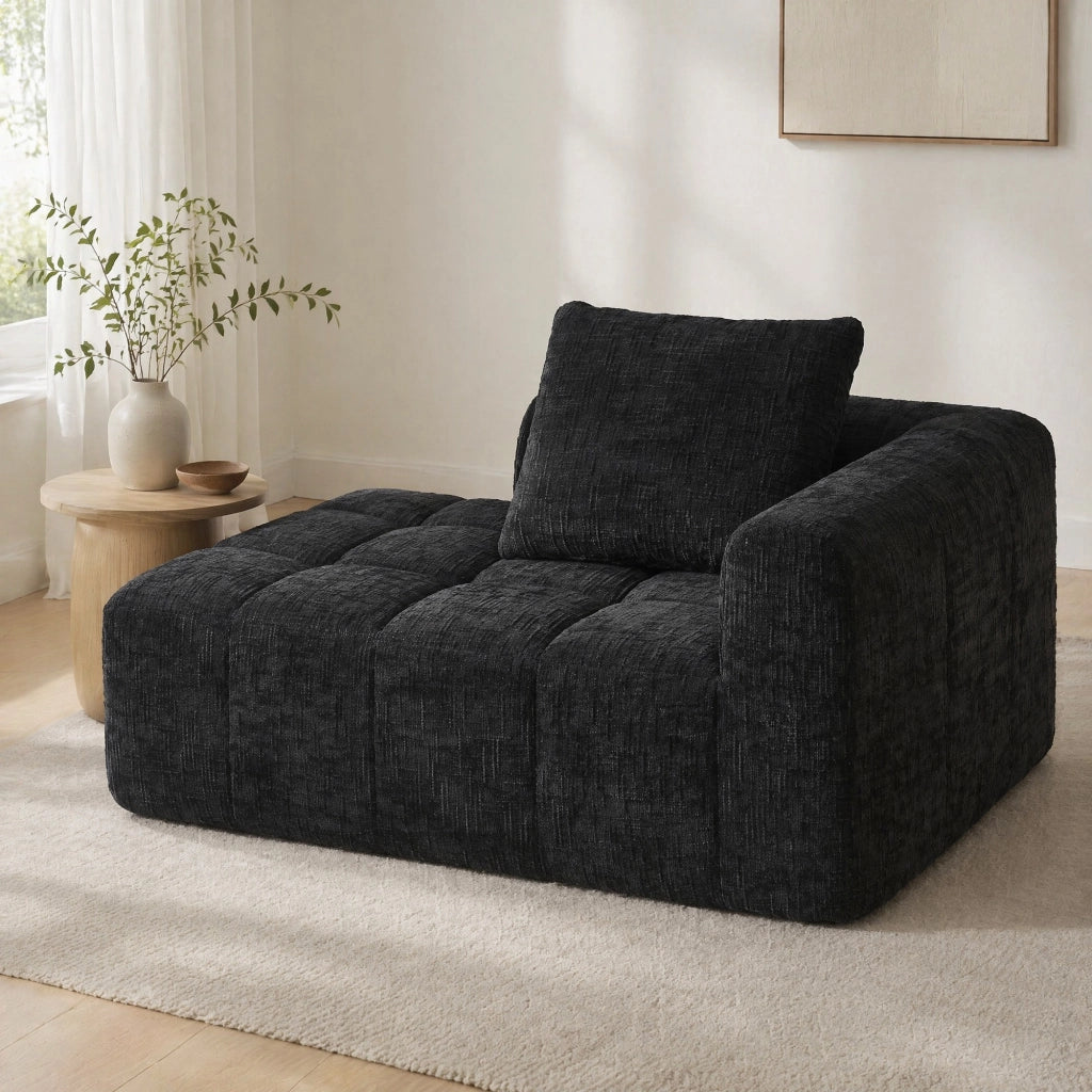 Chaise longue moderna in chenille nera, con tasche laterali, cuscino incluso, 158×90×60 cm