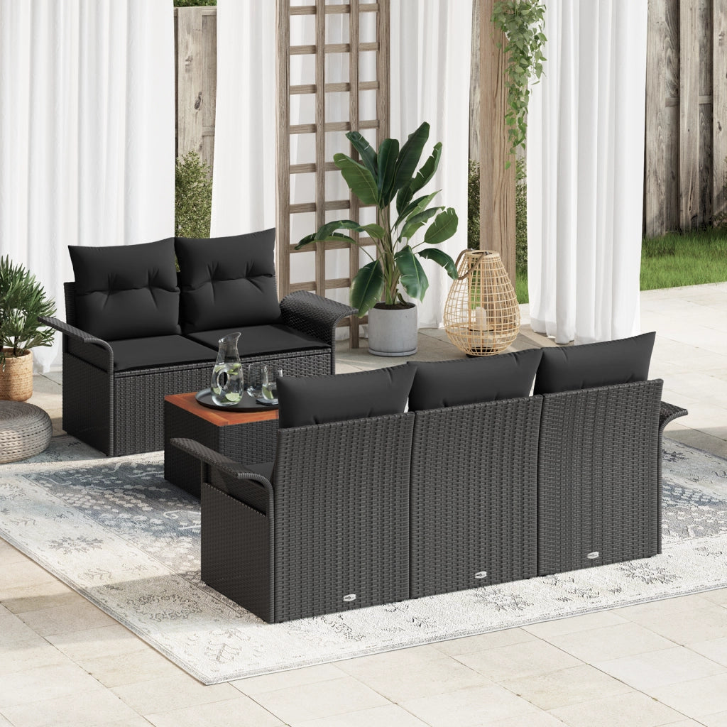 Set Divano da Giardino 6 Pezzi con Cuscini Neri Polyrattan Acacia