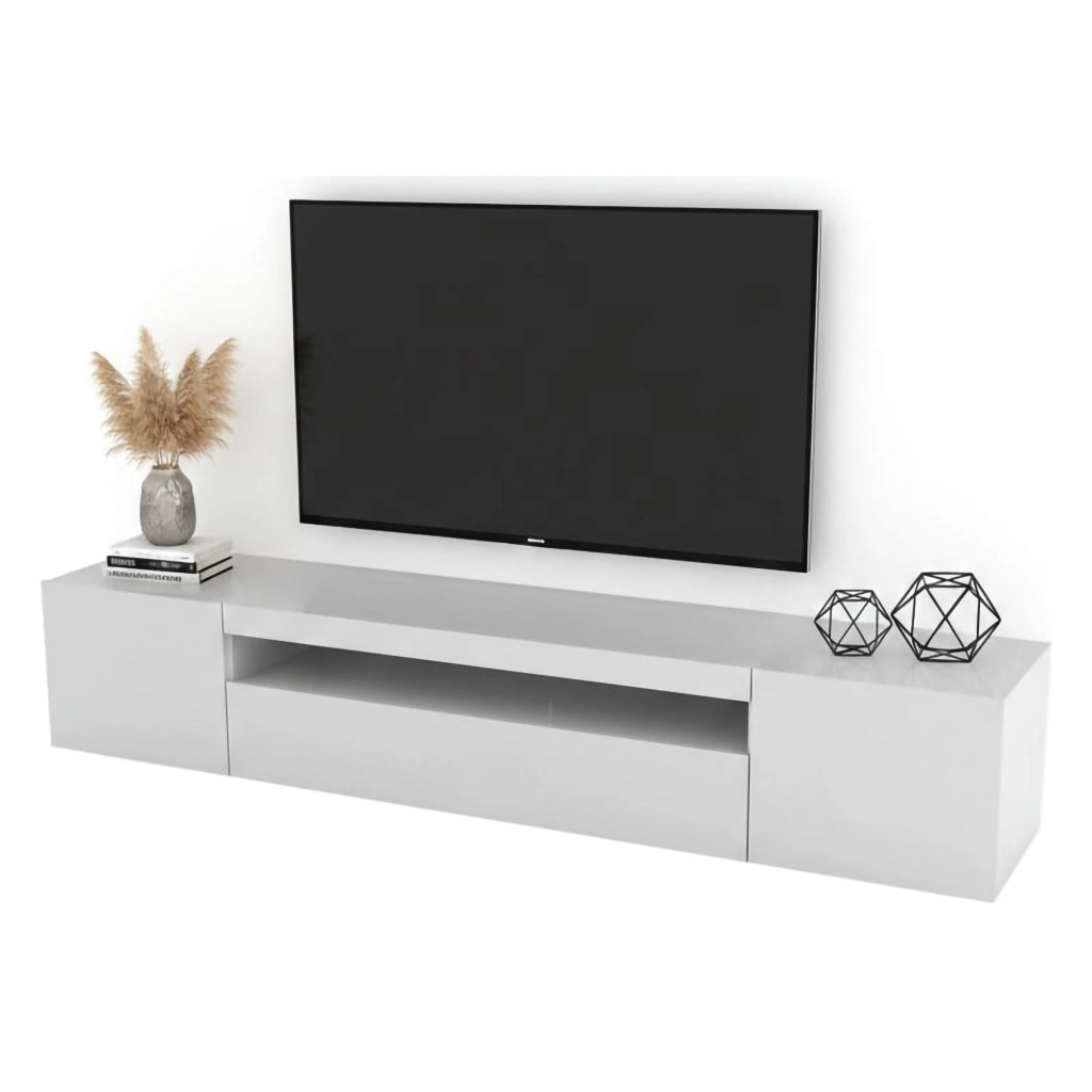 Mobile da soggiorno Porta Amore, Made in Italy, Supporto per Amore da salotto a 3 ante e ripiani, cm 200x40h37, Bianco lucido, con luce LED blu