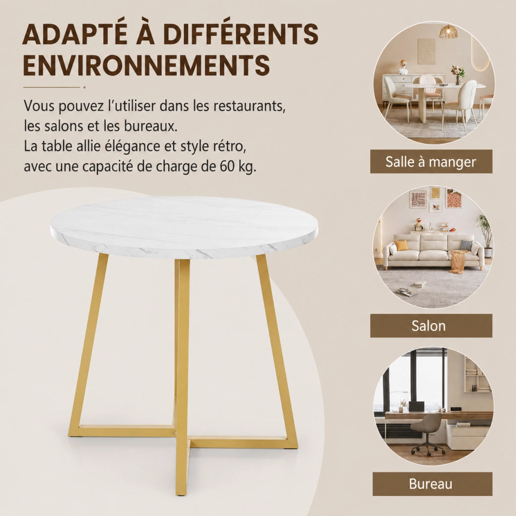 Tavolo da pranzo rotondo 80x75 cm con piano effetto marmo e gambe regolabili in MDF bianco