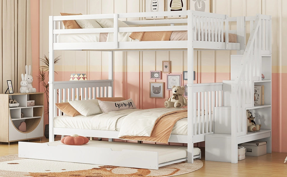 DESMIU Letto a castello 140 × 200 cm 3 posti con letto estraibile, con sponda, senza materasso, bianco