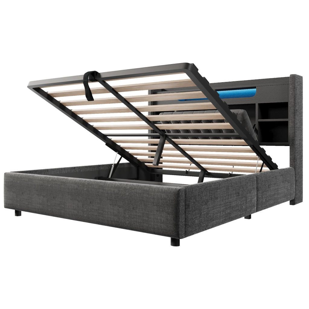 Letto matrimoniale 140x200 cm con contenitore idraulico; LED; USB e USB-C; grigio in lino
