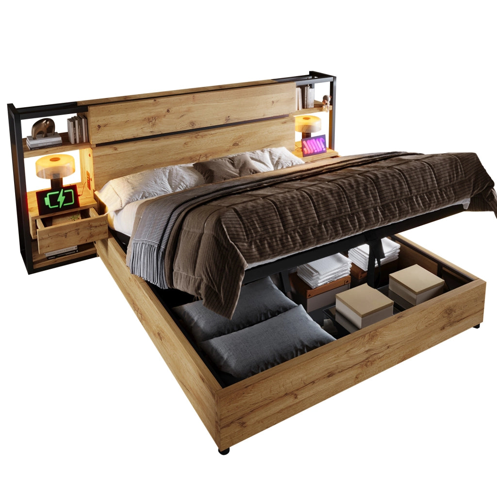 Letto contenitore 160x200 cm in MDF rovere con USB Type-C, senza materasso
