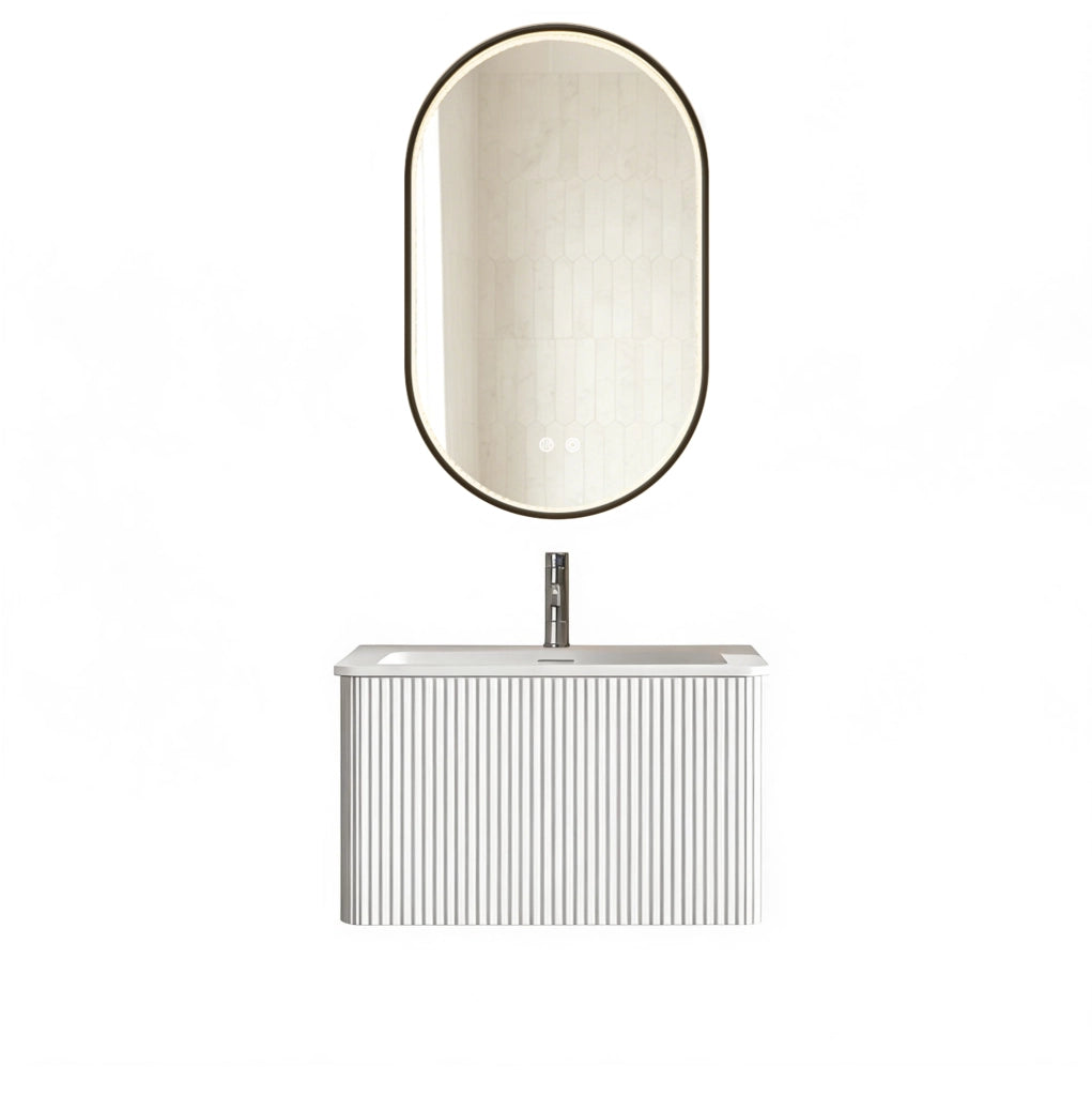 Set mobile bagno sospeso ULEVR con lavabo integrato e specchio LED antiappannamento, bianco