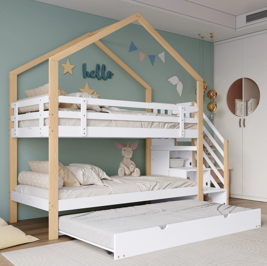 Letto a castello a casetta con letto estraibile; scala con cassetti; 90x200/90x190 cm; bianco naturale