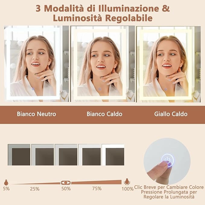 Set Tavolo da Toeletta con Luci, Set Tavolo e Sgabello con Stazione di Ricarica, Ripiano Regolabile, Luci a 3 Colori, Cassetto, Consolle Toeletta con Sgabello Portaoggetti, 90 x 40 x 135,5 cm