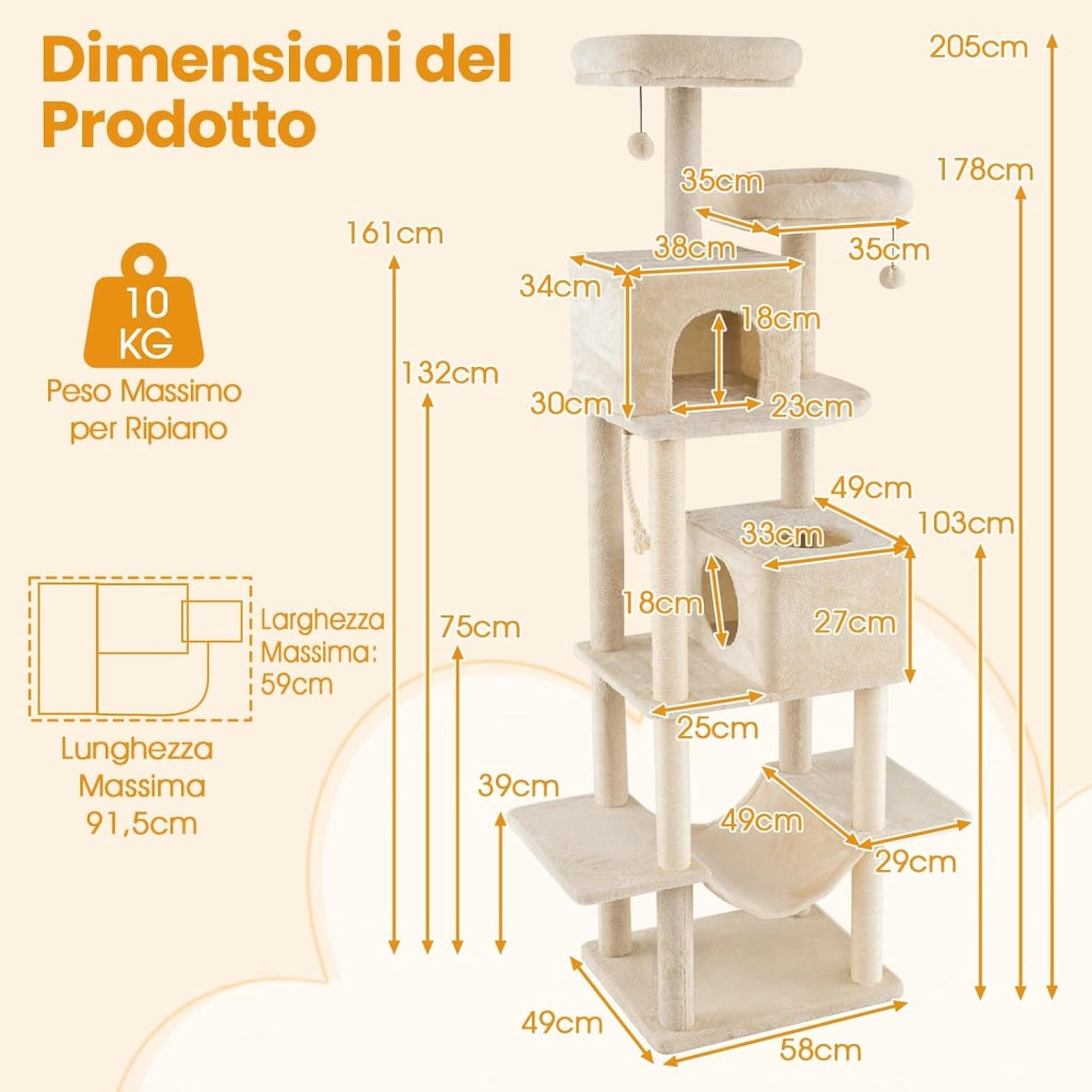Albero per Gatti da Interno Alto 205 cm, Tiragraffi per Gattini con 2 Condomini, 2 Postazioni Soffici, Tiragraffi & Corda, Giochi Pendenti, Amaca e Piattaforme per Salti, Mobile per Gatti