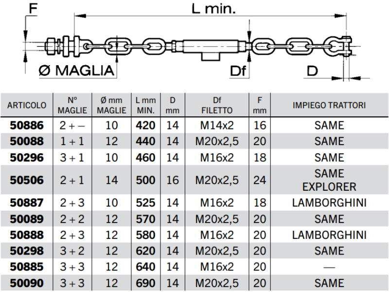 Catena imbrigliamento SAME 2+1, 3+1 maglie ø10-14mm L420-690mm M14x2-M20x2.5 - 50088