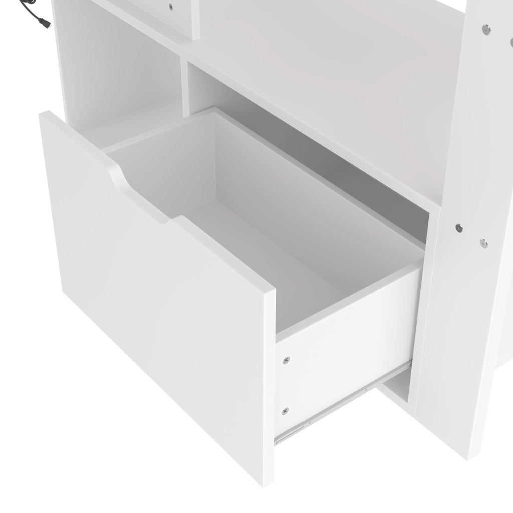 Letto a Soppalco Singolo con Scrivania; Cassetto; Scaffali e LED 90×200 cm; senza Materasso; Bianco