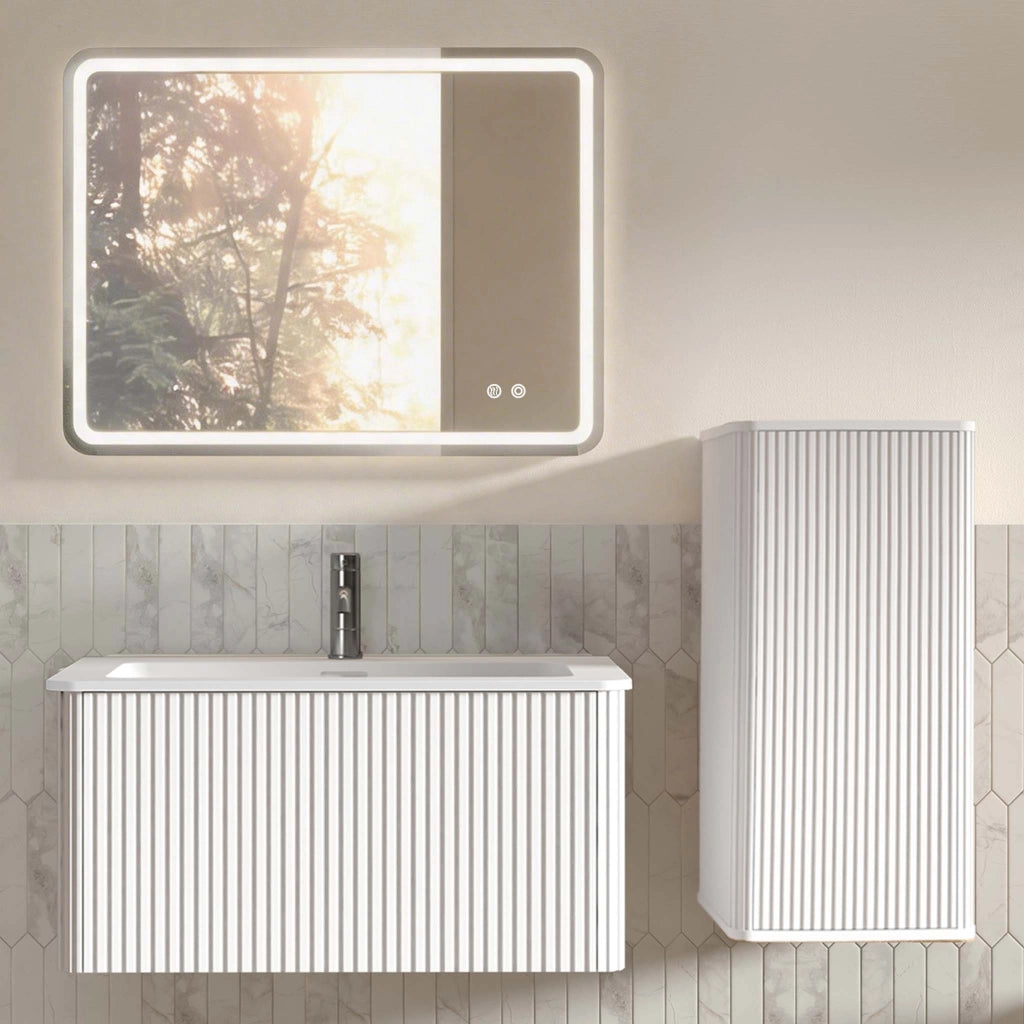 Armadietto da bagno sospeso con lavabo, specchio LED e mobile laterale, per bagno moderno, bianco