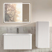 Armadietto da bagno sospeso con lavabo, specchio LED e mobile laterale, per bagno moderno, bianco