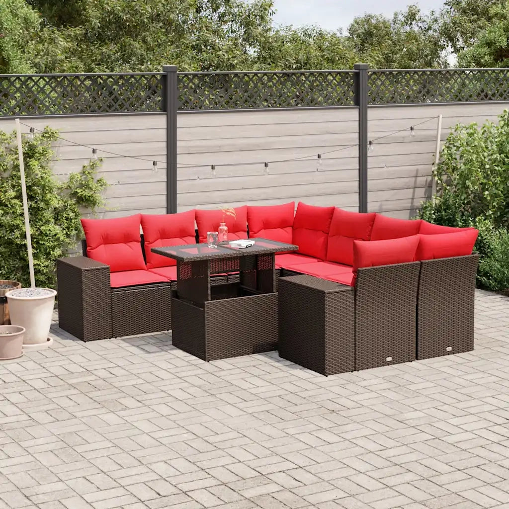 Set Divani da Giardino 9 pz con Cuscini Marrone in Polyrattan 3269064