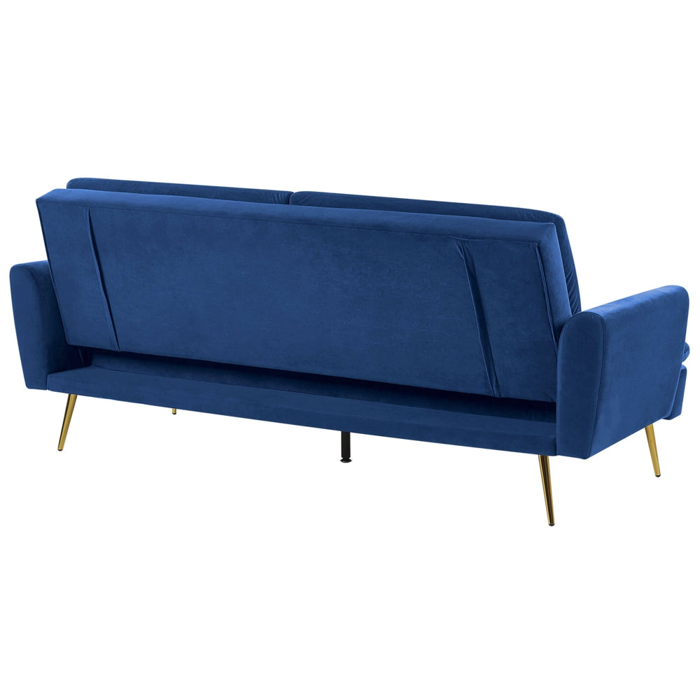 Divano Letto in Velluto Blu Navy 3 Posti Click Clack Gambe In Metallo Dorato