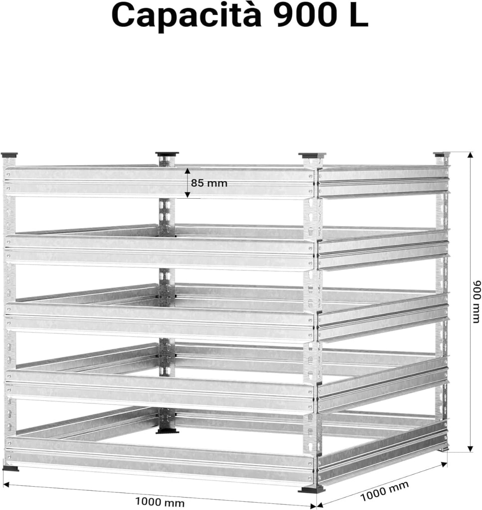 Compostiera da giardino in metallo 100 x 100 x 90 cm per 900 litri di compost da rifiuti organici