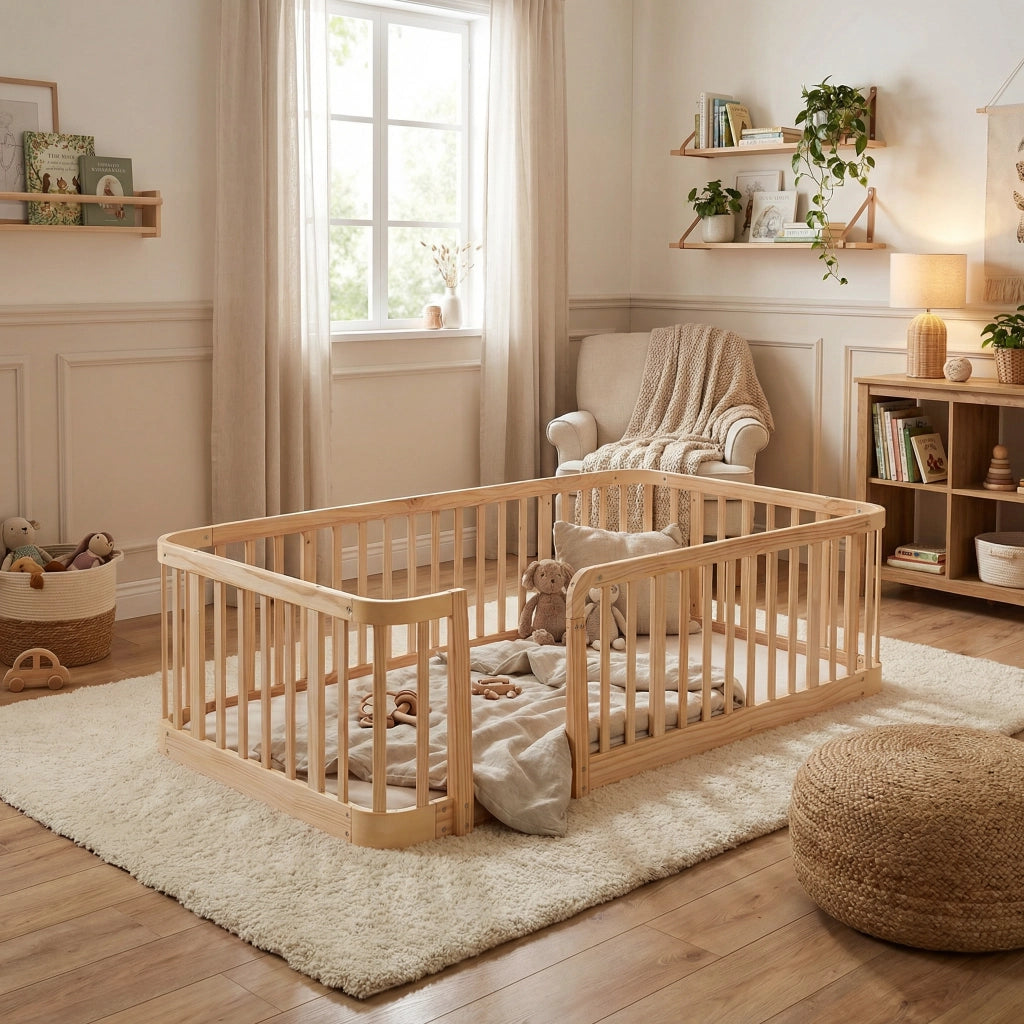 Recinto modulare per bambini 90 × 200 cm, barriere di sicurezza da 7 cm, angoli arrotondati, senza materasso, in legno, naturale