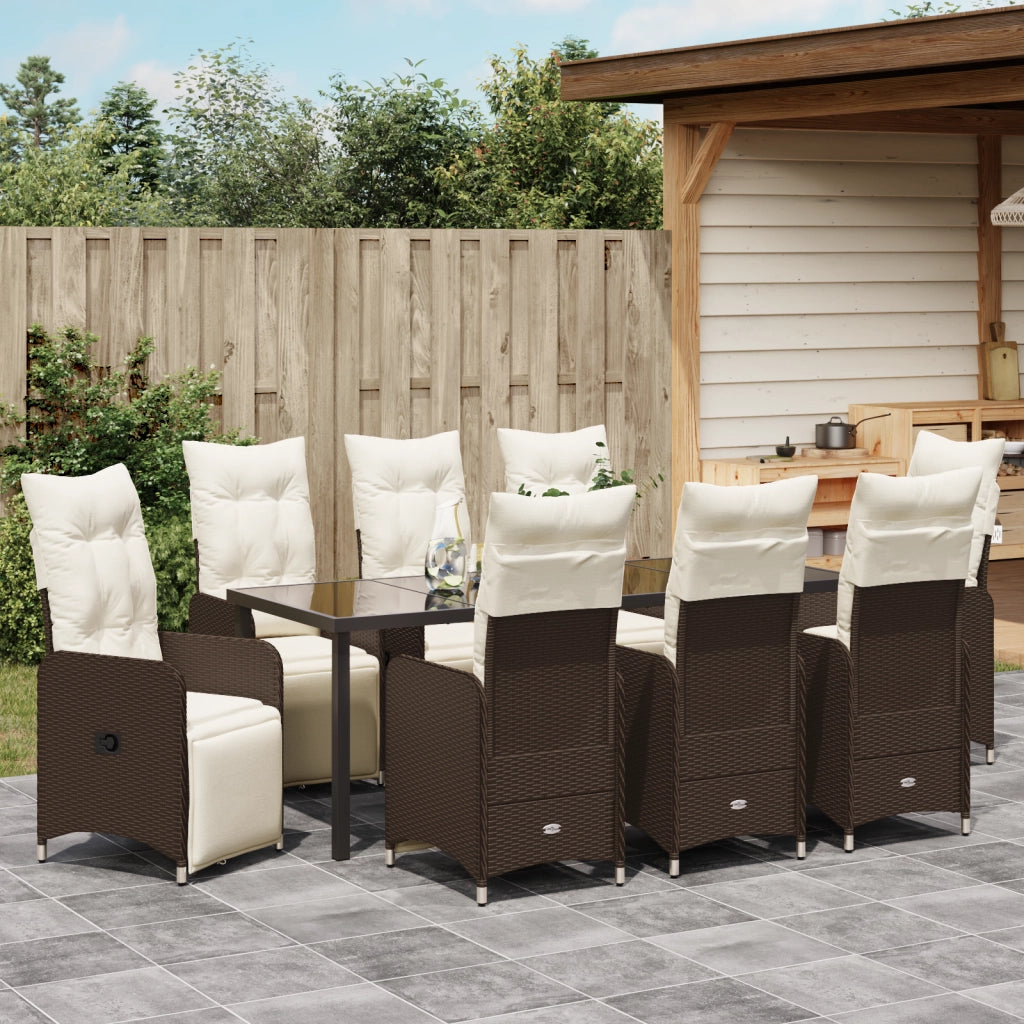 Set da Pranzo da Giardino 9 Pezzi con Cuscini Marroni Polyrattan