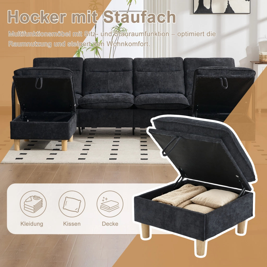 Divano modulare a U con 2 pouf contenitore 4 posti in chenille con gambe in legno nero 261 × 77 × 86 cm