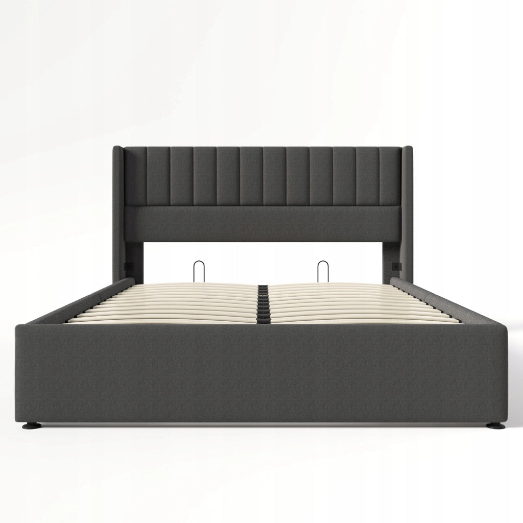Letto matrimoniale 180x200 - Xylo - Con sistema idraulico e rivestimento in lino grigio