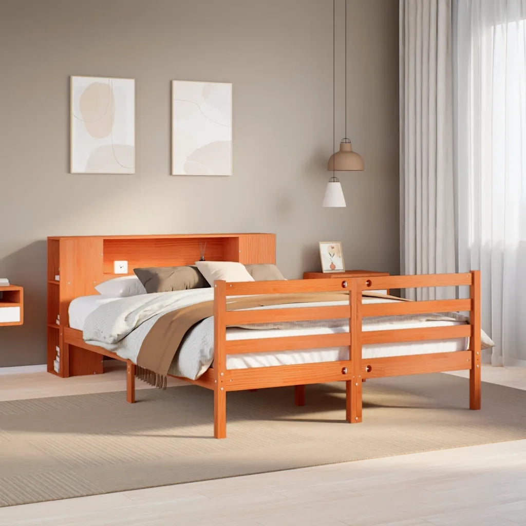 Letto Libreria senza Materasso-Struttura Letto con contenitore Marrone Cera 140x200 cm in Pino 163769