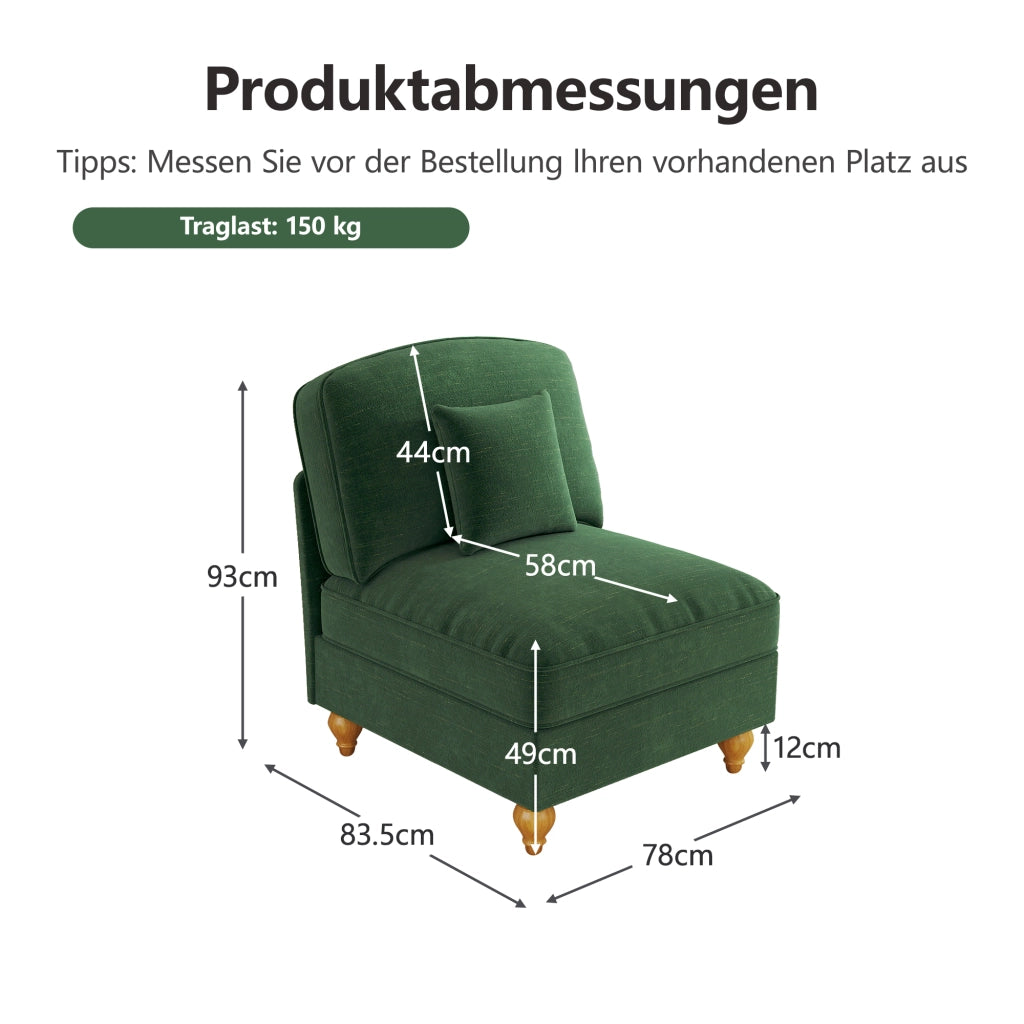 Divano senza braccioli in ciniglia con cuscino mobile e gonna rimovibile seduta morbida verde 79 × 75 × 23 cm
