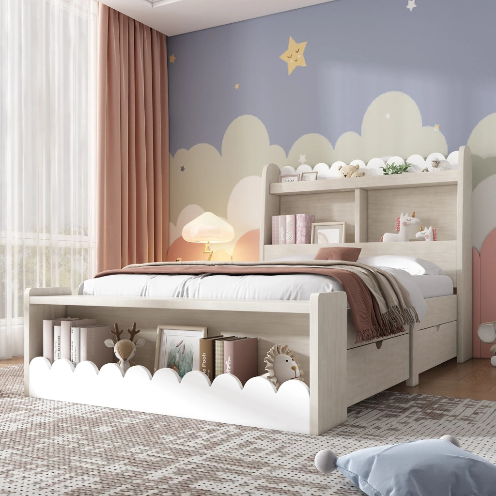Letto singolo 90x190 cm con cassetti, mensole e contenitore, struttura in legno, bianco e rovere