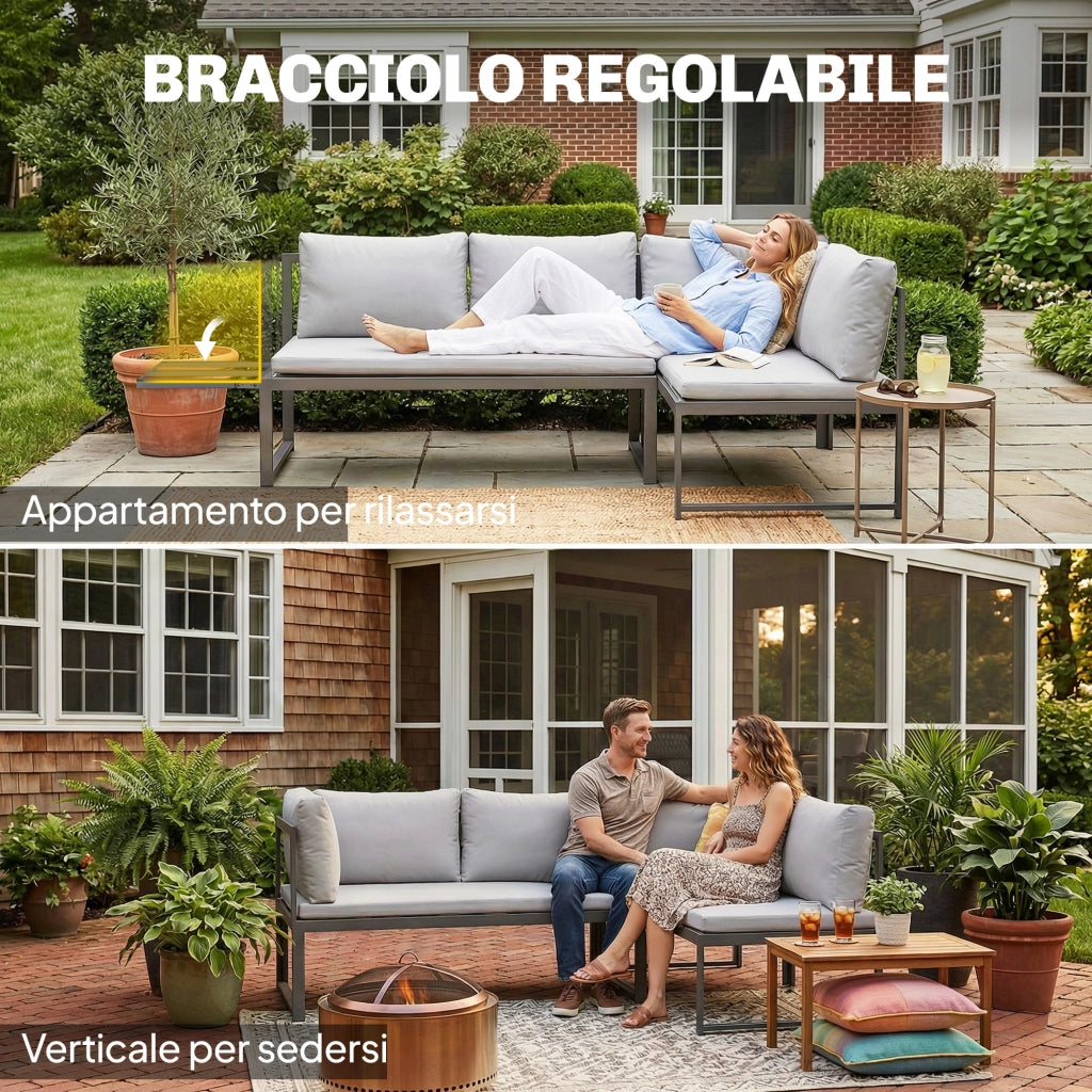 Set da Giardino 3pz con Divano Angolare 4 Posti e Tavolino a Doghe, in Metallo e Poliestere Grigio