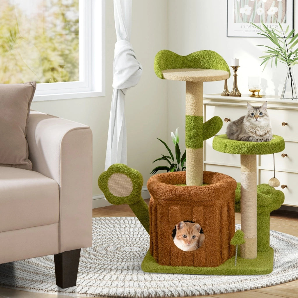 Torre multilivello per gattini con condominio tronco e letto imbottito, Centro di attivit¨¤ da interno per animali Verde-Alberi Tiragraffi