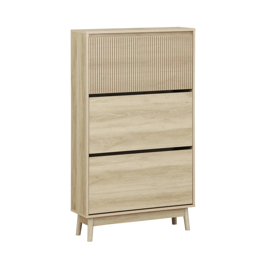 Scarpiera con decoro in legno naturale, 3 ante, marrone naturale