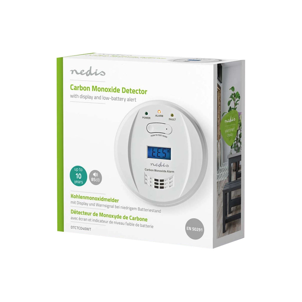 Rilevatore di Monossido di Carbonio con Allarme 85dB e Schermo LCD Pulsante Test Hush Bianco Nedis