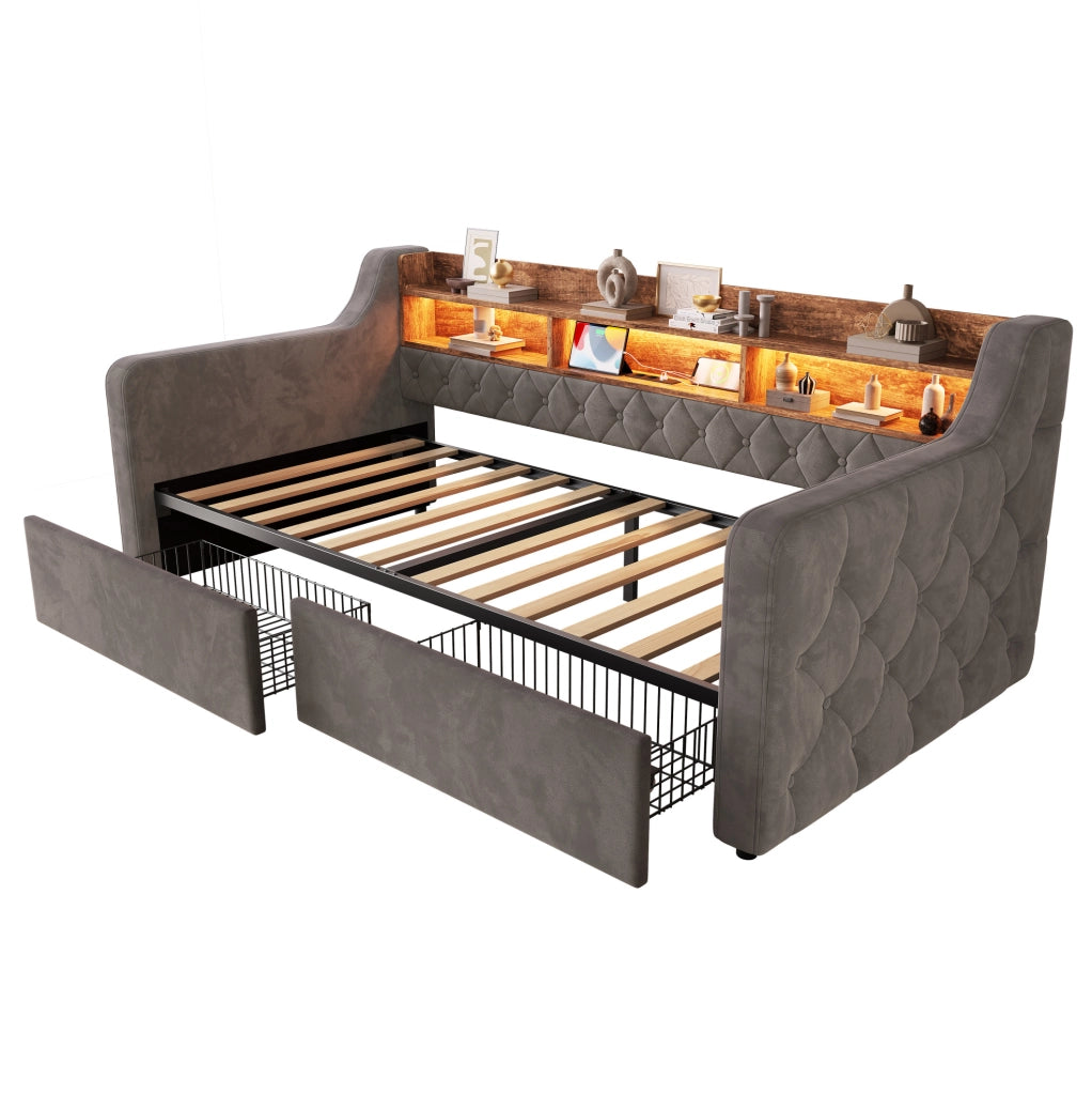 Letto imbottito 90x190 cm con LED, ricarica USB/Type-C e 2 cassetti