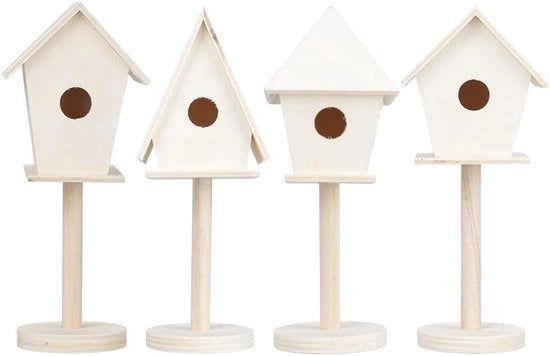 Casa per uccelli con standard - attrezzi e decorazione - 4 pezzi - legno - naturale