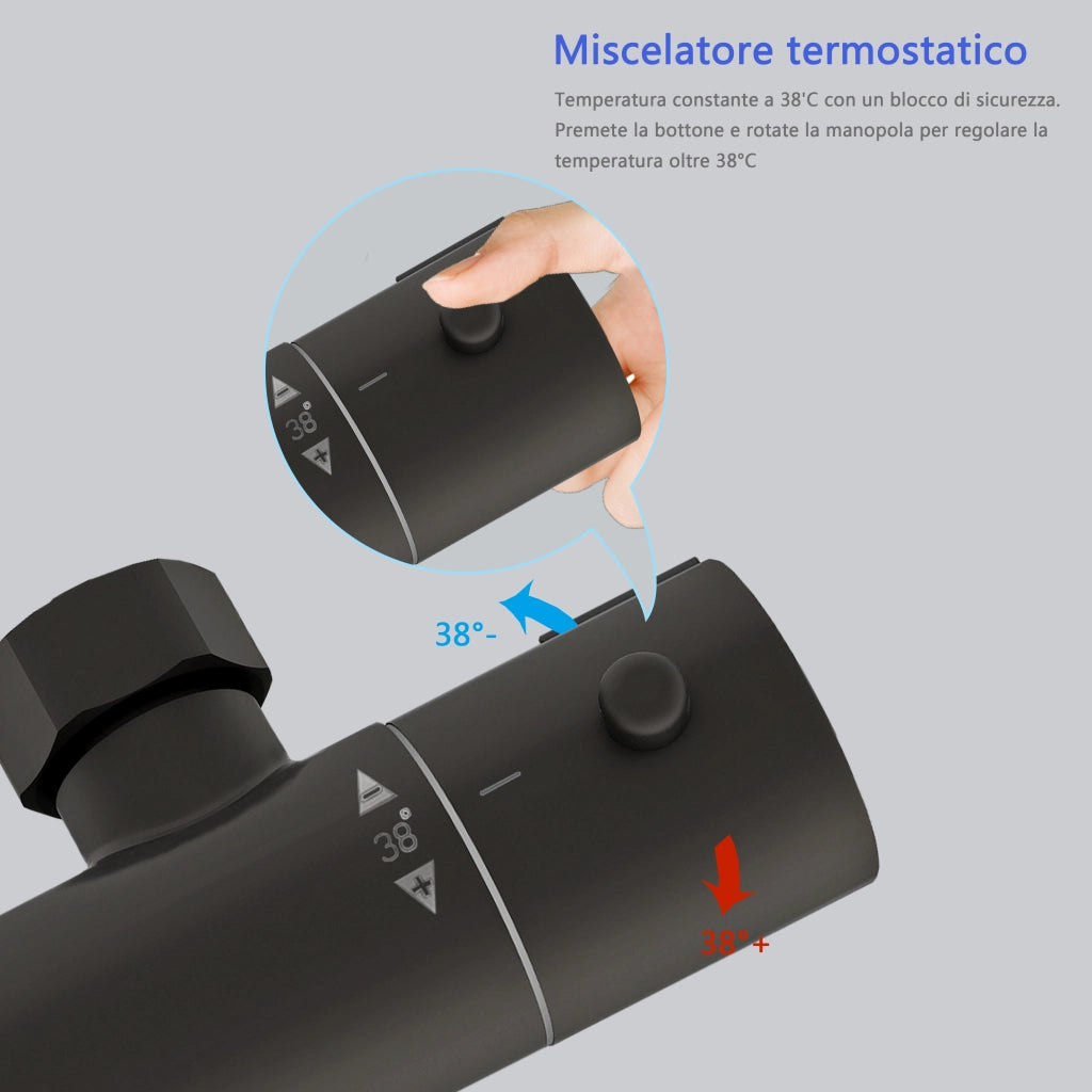 Colonna doccia con miscelatore, kit completo di doccia a pioggia, soffione doccia 20 x20 cm e doccetta 3 getti, asta doccia, nero
