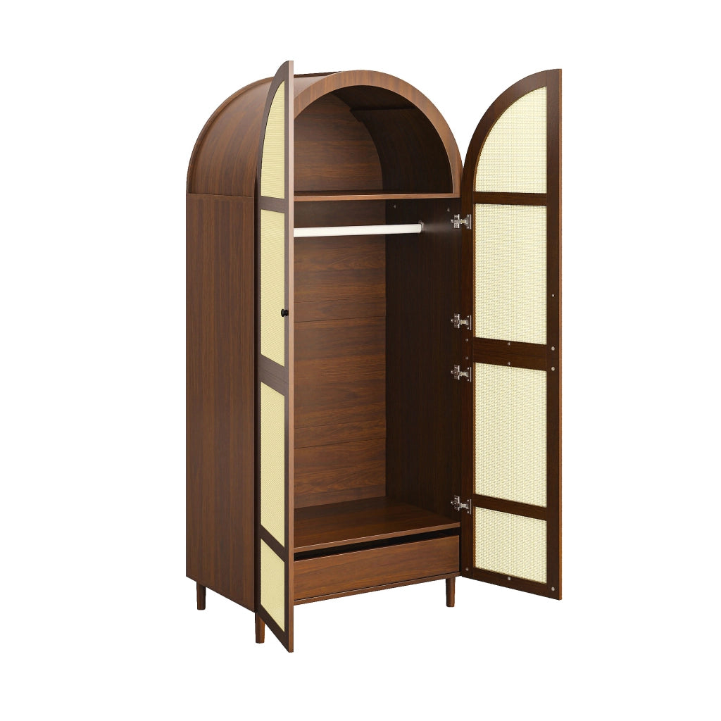 Armadio con ante curve in rattan, appendiabiti, ripiani e cassetti, per ingresso, MDF noce, 80 × 50 × 179 cm