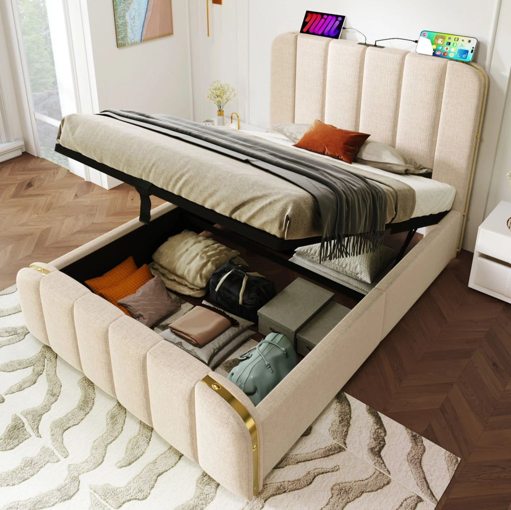 Letto singolo contenitore 90x200 cm con USB C e USB; testiera imbottita in lino beige