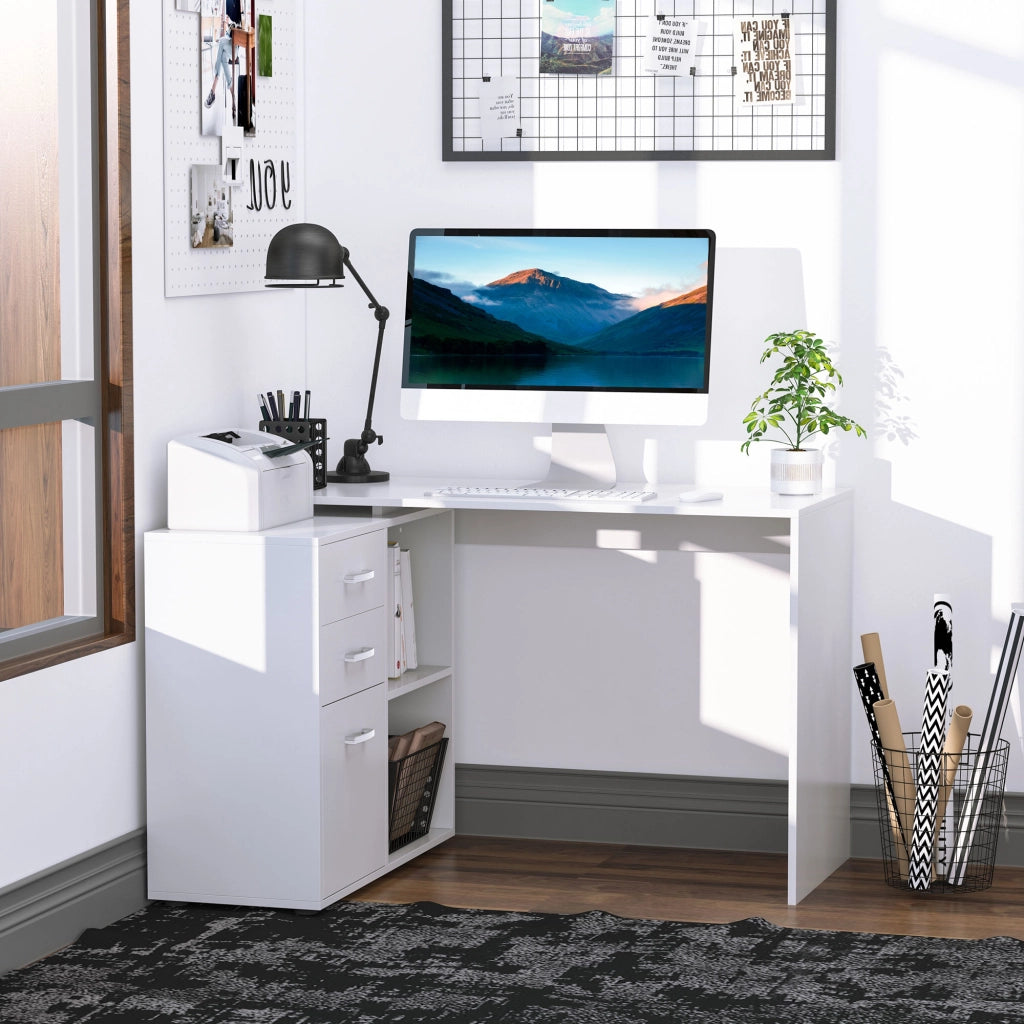 Scrivania angolare e dritta modulabile per computer, in MDF bianco con 3 cassetti e 2 vani, salvaspazio per casa e ufficio