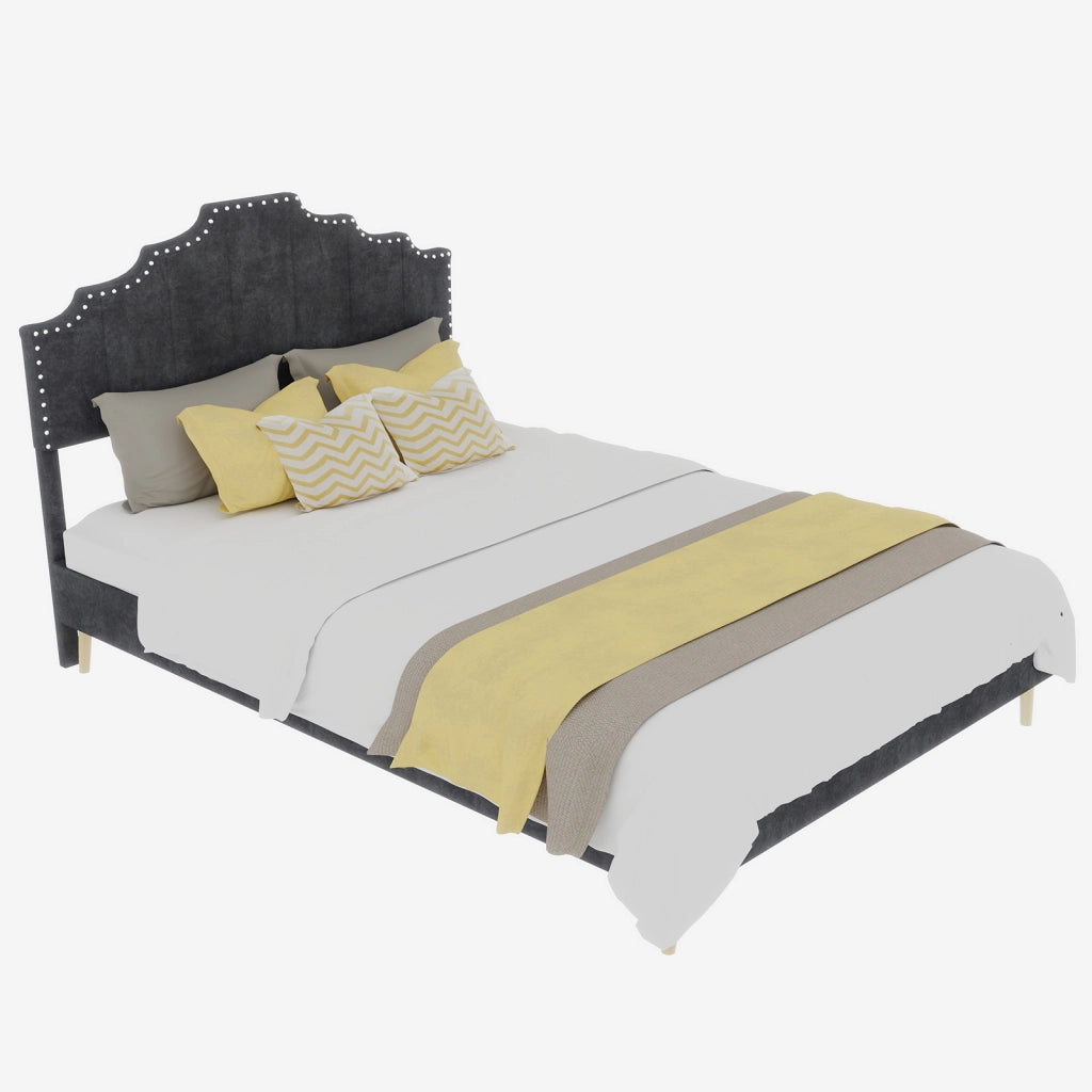 Letto Matrimoniale 140x200 cm; Letto Contenitore; Testiera Geometrica e in Tessuto Grigio
