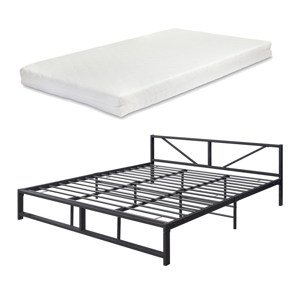 Letto in Metallo con Materasso a Schiuma Fredda 180 x 200 cm Letto Matrimoniale/King Size con Testiera Decorativa Letto in Stile Classico/Moderno - Nero