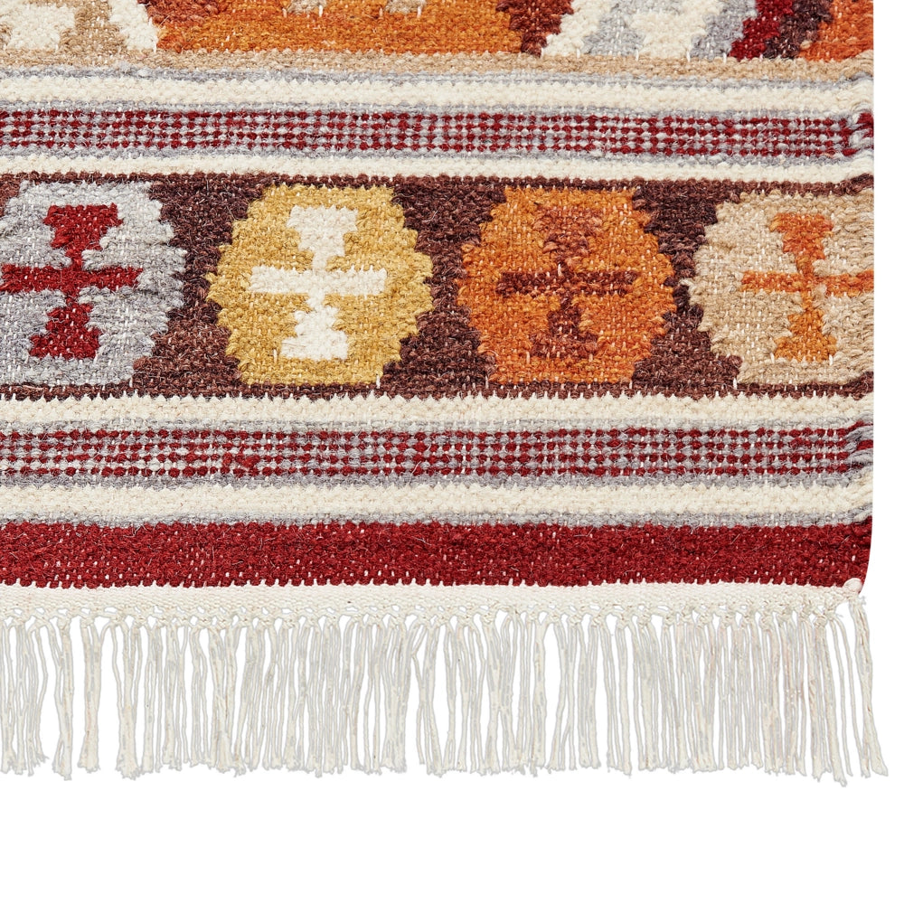 Tappeto Kilim multicolore in lana e cotone 200 x 300 cm Fatto a mano con motivo Boho e frange