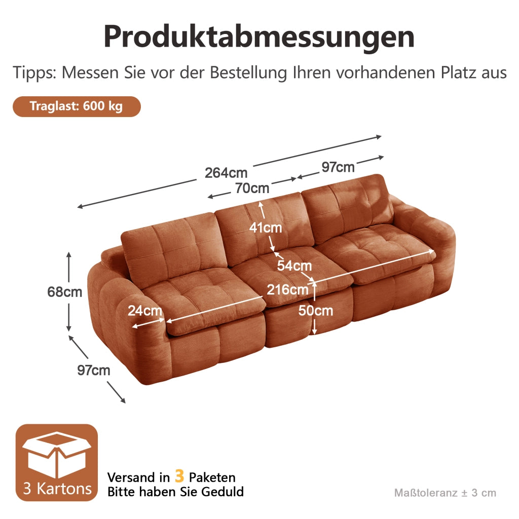 Divano modulare senza struttura 3 posti con cuciture a quadro cuscini ergonomici in chenille arancione per relax