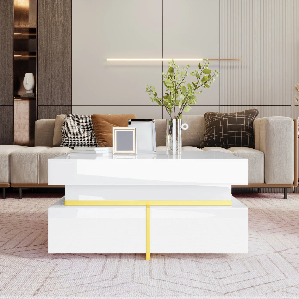 TAVOLINO DA SALOTTO 70x70x35,5 cm Bianco Lucido con 2 cassetti e dettagli oro