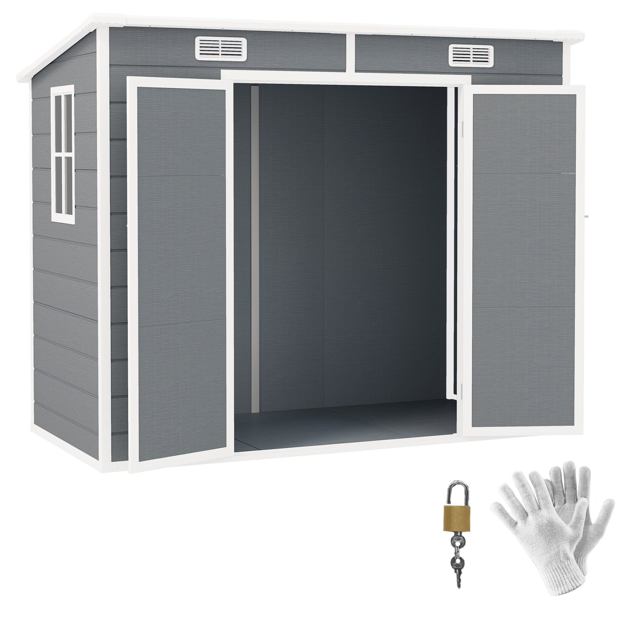 Casetta Box da Giardino 240x130 cm con Pavimento 2 Porte con Blocco e Finestra in Resina Grigio