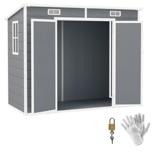 Casetta Box da Giardino 240x130 cm con Pavimento 2 Porte con Blocco e Finestra in Resina Grigio